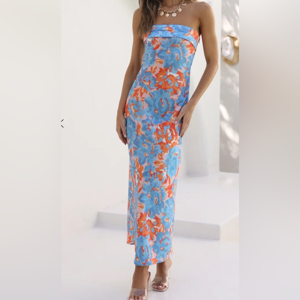 Hello Molly Strapless Blue and Orange Highway to Heaven Maxi Dress